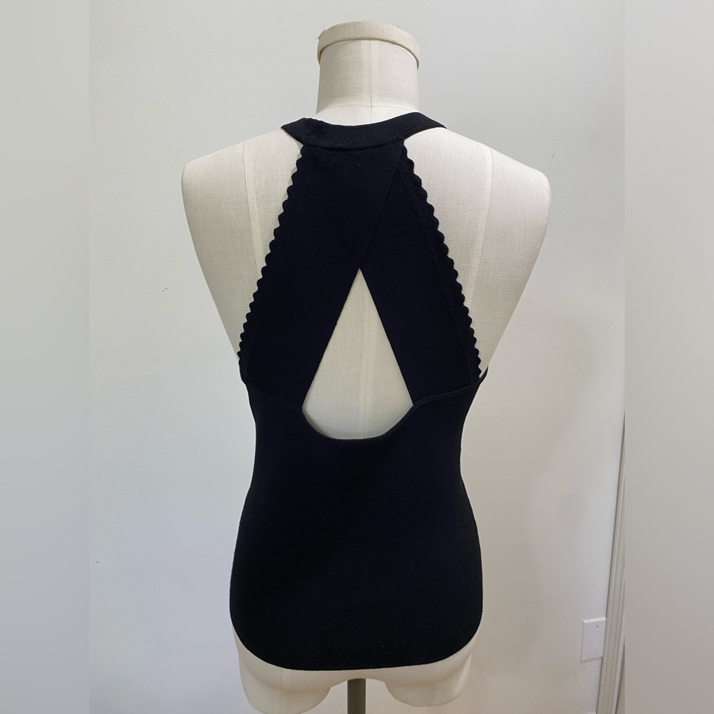 Autumn Cashmere Black Knit Tank Top Scallop Trim Cutout Back Italian Yarn Sz Med - Picture 5 of 6